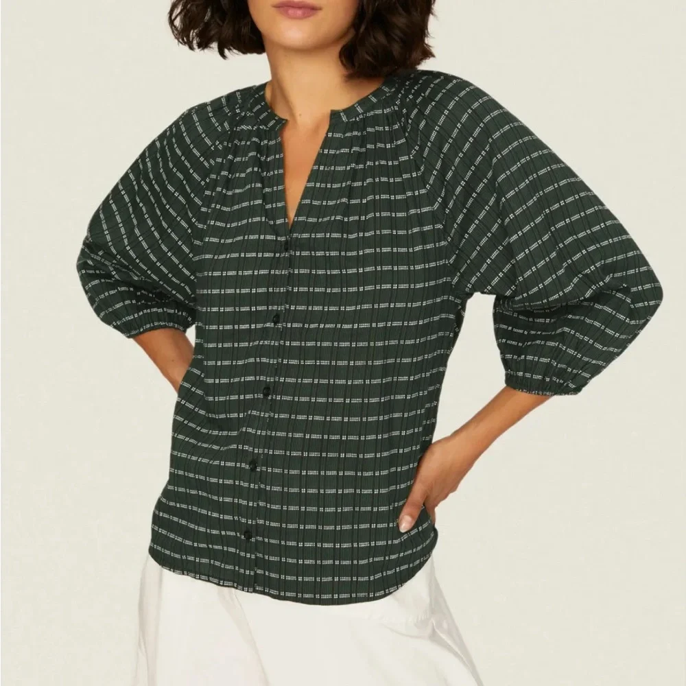Apiece Apart Mitte Striped Top forest green stripe XS peasant blouse cotton silk - Picture 1 of 14